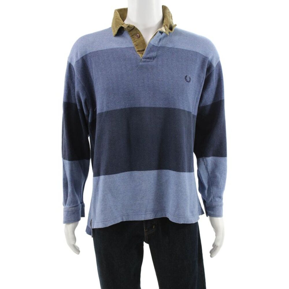 Fred Perry Mens Polo Shirt Blue Striped Long Sleeve 100% Cotton Size L